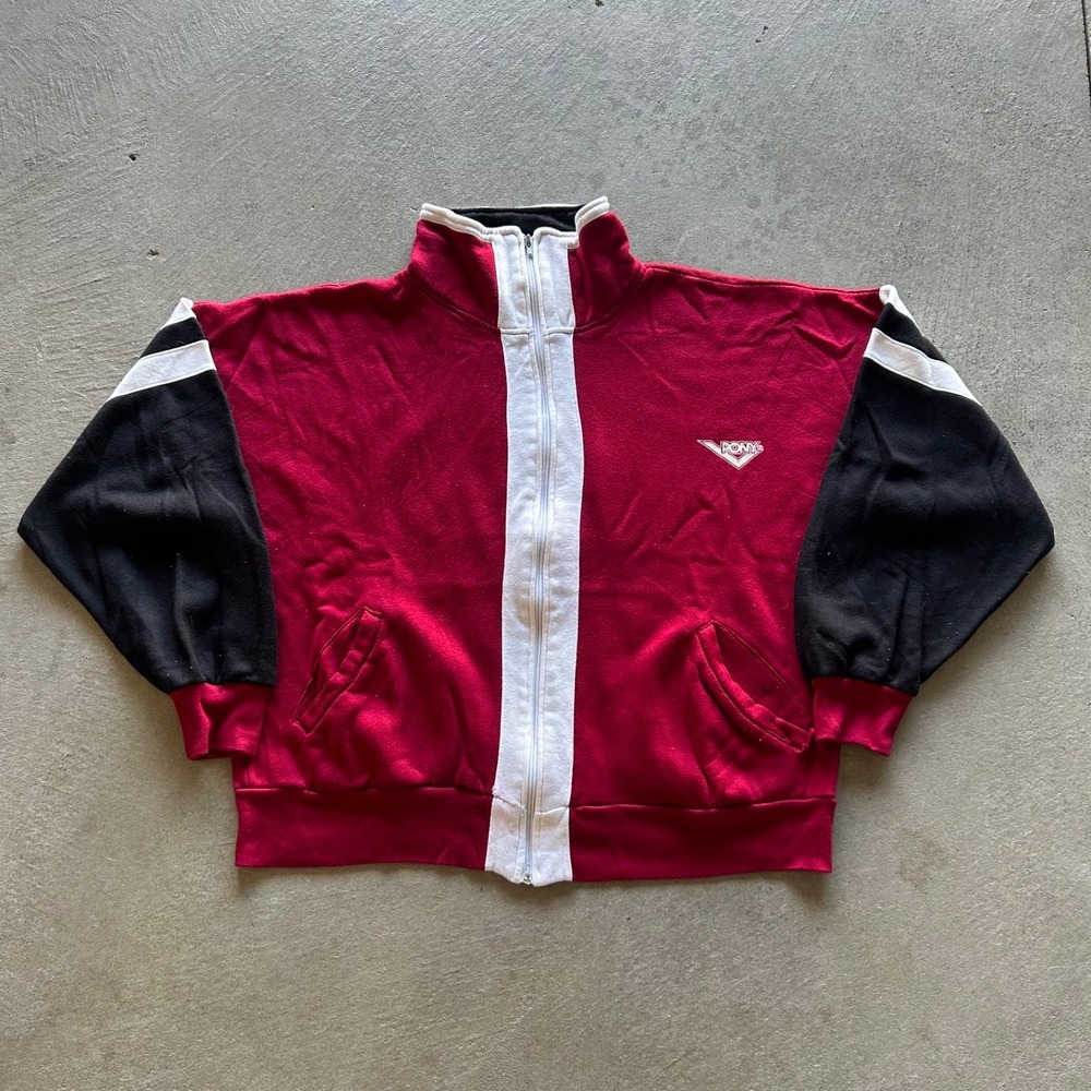 Vintage 80s Pony Full Zip Sweatshirt Size XL Red White Black Color Block Logo
